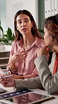 Office, business people and financial advisor with client for document, investment planning and tips. Meeting, customer and women with conversation for insurance advice, guidance and corporate ideas