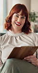 Therapy, woman and face with clipboard in office for mental health. support and patient notes. Therapist, smile and discussion with checklist in consultation for assessment, evaluation and counseling
