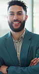 Face, confident and man with arms crossed, office and ambitious for career, laughing and stockbroker. Proud, professional and financial advisor for investment bank, portrait and happy for project