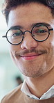 Face, glasses and smile of business man closeup in office for start of company internship. Confidence, portrait and vision with happy employee at work for professional career development or growth