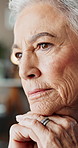 House, thinking and senior woman with memory, compassion and sad with retirement. Pensioner, apartment and elderly person in living room, comfort and alzheimer with dementia, empathy and remember