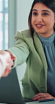 Business, handshake and woman in meeting, cooperation and contract for b2b deal. People, employee and consultant with teamwork, shaking hands and partnership with gesture, thank you and collaboration