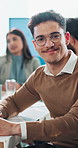 Businessman, smile and face with laptop for typing meeting minutes, budget planning and financial summary. Finance administrator, portrait and feedback on work proposal and company investment update