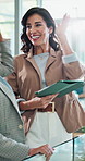 Happy, business women and tablet with high five for winning, good job or well done at office. Female people, employees or coworkers with smile or technology for teamwork or success at workplace
