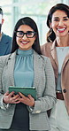 Teamwork, collaboration and face of business people in office for project management and planning. Staff, diversity and portrait of group of corporate colleagues with tablet together in workspace