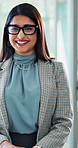 Happy woman, glasses and confidence with business ambition for design, career or job at office. Portrait, female person or indian with smile, spectacles or positive attitude for professional mindset