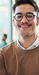 Business man, creative and face with laugh, gen z and confidence of young professional editor. Happy, portrait and magazine publisher agency with employee, glasses and editing job at startup