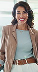 Face, creative and woman in office, smile and confident for real estate, industry or entrepreneur. Happy, person and interior designer with joy for project, trendy and designing of property or Canada