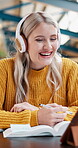 Learning, headphones and woman with online class on tablet for knowledge of distance education. Happy, student and virtual lesson with tech at desk for university, remote course and studying for exam