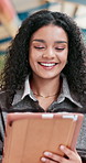 Tablet, happy and businesswoman in office for research on creative project for online blog. Smile, digital technology and female copywriter reading email with review, feedback or advice at magazine.
