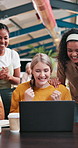 Laptop, business people and achievement in office, smile and teamwork with approval. Employees, coworkers and support with pc, happiness and excited with positive email, cheering or published article