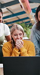 Celebration, business people and applause in office, smile and teamwork with approval. Employees, coworkers and support with clapping, happiness and excited with positive email, wow and cheering