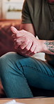 Nervous, hands and man in therapy with stress, anxiety or mental health challenge. Counseling, fingers and person with depression, psychology or veteran with ptsd for trauma in rehabilitation clinic