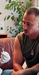 virus, injection and man with healthcare, supplements and medicare in modern office. Patient, medical and professional with needle, vaccine and safety with protection, antibiotics and explain cure
