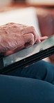 Person, hands and therapist with tablet for research, new techniques or practices at clinic office. Closeup, user or UX for data, medical analysis or UI for app, update or online review at workplace