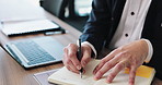 Businessman, hands and writing with laptop or book for communication, email or notes at office. Closeup, male person or financial accountant working on computer with diary for business plan in Japan