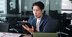 Tablet, proposal and thinking with businessman in office for administration, planning or research. Japanese accountant, laptop and problem solving with employee for financial goals management online