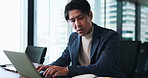 Laptop, audit and thinking with businessman in office for administration, report or research. Japanese accountant, notebook and problem solving with employee for financial goals management online