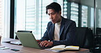 Laptop, planning and thinking with businessman in office for administration, report or research. Japanese accountant, notebook and problem solving with employee for financial goals management online