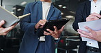 Tablet, hands and team of business people in office for meeting with finance research on stock market. Discussion, collaboration and financial advisors with technology and documents for revenue.