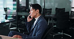 Japanese, business and man with phone call in office for talking, investment advice and negotiation. Corporate, male banker and discussion of finance planning, investor schedule and proposal in Japan