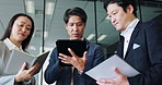 Documents, tablet and Asian business people in discussion for planning, online project and feedback. Corporate, Japan office and men and woman on digital tech for website, research or proposal report