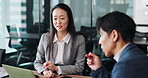 Japanese, corporate and people with laptop in office of administration, budget planning and finance report. Smile, staff or online feedback of investment proposal, profit growth and schedule in Japan