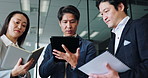 Office, tablet and Asian business people in meeting for planning project, online review and feedback. Corporate, teamwork and Japanese man and woman on digital tech for website, research and proposal