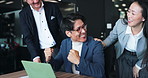 Excited, asian people and laptop with celebration for winning, good news or business promotion at office. Happy, businessman and team with smile on computer for success, deal or opportunity in Japan