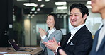 Happy, asian people or seminar with applause for presentation, meeting or congratulations at conference. Excited, group or business employees clapping with smile for good job or team success in Japan