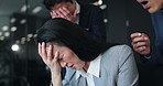 Frustrated, asian woman and shock with team for bad news, market crash or loss on investment at office. Business people, female person or group with disbelief for mistake or bankruptcy in Japan trade