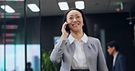 Japanese, business and woman with phone call in office for talking, investment advice and negotiation. Corporate, person and discussion with finance feedback, investor schedule and proposal in Japan