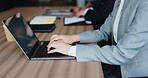 Typing, hands and laptop for business, research and working for stock market, information or corporate. Digital, trading and analysis of investment, online and Japanese person in office, web or Japan
