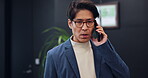 Business, man and walking with phone call in office for talking, investment advice and negotiation. Corporate, male broker and discussion for finance planning, investor schedule and proposal in Japan