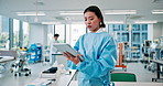 Science, tablet and typing with Japanese woman in laboratory for vaccine trial, research and healthcare. Medical study, virus test and digital results with person in hospital for biotechnology