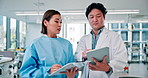 Mentor, science and report with Japanese people in laboratory for vaccine trial, teamwork and healthcare. Medical research, virus test and digital with man and woman in clinic for biotechnology