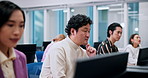 Japanese people, students and computer science in lab for lesson, education and learning for degree. Group, listen and technology in university or college for skill, language or scholarship in school
