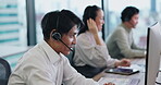 Virtual assistant, staff or Asian man on computer in call center for consulting, online help or advice. Coworking, consultant or Japanese agent with support for telemarketing or sales communication