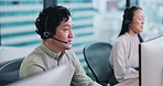 Virtual assistant, explain or Asian man on computer in call center for consulting, online help or advice. Coworking, consultant or Japanese agent with support for telemarketing or sales communication