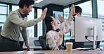 High five, excited or man in call center for deal bonus, winning online or victory good news. Coworking, computer or happy Asian agent consulting for telemarketing target or sales success in Japan