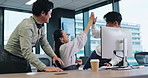 High five, excited or woman in call center for deal bonus, winning online or victory good news. Coworking, computer or happy Asian agent consulting for telemarketing target or sales success in Japan