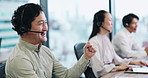 Winning, happy or man in call center for deal bonus, online help or victory good news. Coworking, computer or excited Asian agent consulting for telemarketing target or sales achievement in Japan