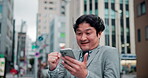 Businessman, excited and celebration with phone in city for good news, announcement or successful financial investment. Surprise, japanese person or smartphone with victory fist for achievement deal