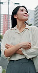 Japan, woman and thinking in city with sightseeing, professional trip and morning commute. Outdoor, urban and walking in town with smile and business travel on Tokyo sidewalk with vacation abroad