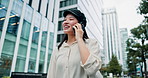Japanese, woman and travel with phone call in city, conversation and discussion with happiness. Urban, female person and traveler with smile for mobile gossip, chat and walking journey in Tokyo