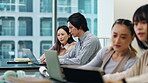 People, students and education with laptop at university for studying, test research and assessment support. Woman, man and online with information for learning, lecture schedule and project in Japan