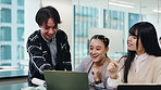 Students, laptop and education teamwork at university with Japanese woman, project and thesis writing. College, class and knowledge with notebook and website research for phd of graduate on app