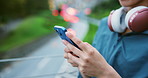 Fitness, hands and typing with phone outdoor, text message or social media chat online in Japan. Closeup, mobile and person in city for sports update, health information or check news app on bridge