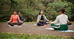 Yoga, meditation and group of people outdoor to relax, peace or mindfulness with trainer breathing in Japan. Zen, class or calm in nature for spiritual exercise, fitness or easy pose mudra for health
