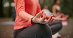 Yoga, meditation mudra and hands in nature to relax, peace and chakra in Japan. Zen, fingers and calm woman with gesture outdoor for spiritual fitness, exercise and easy pose with group for health